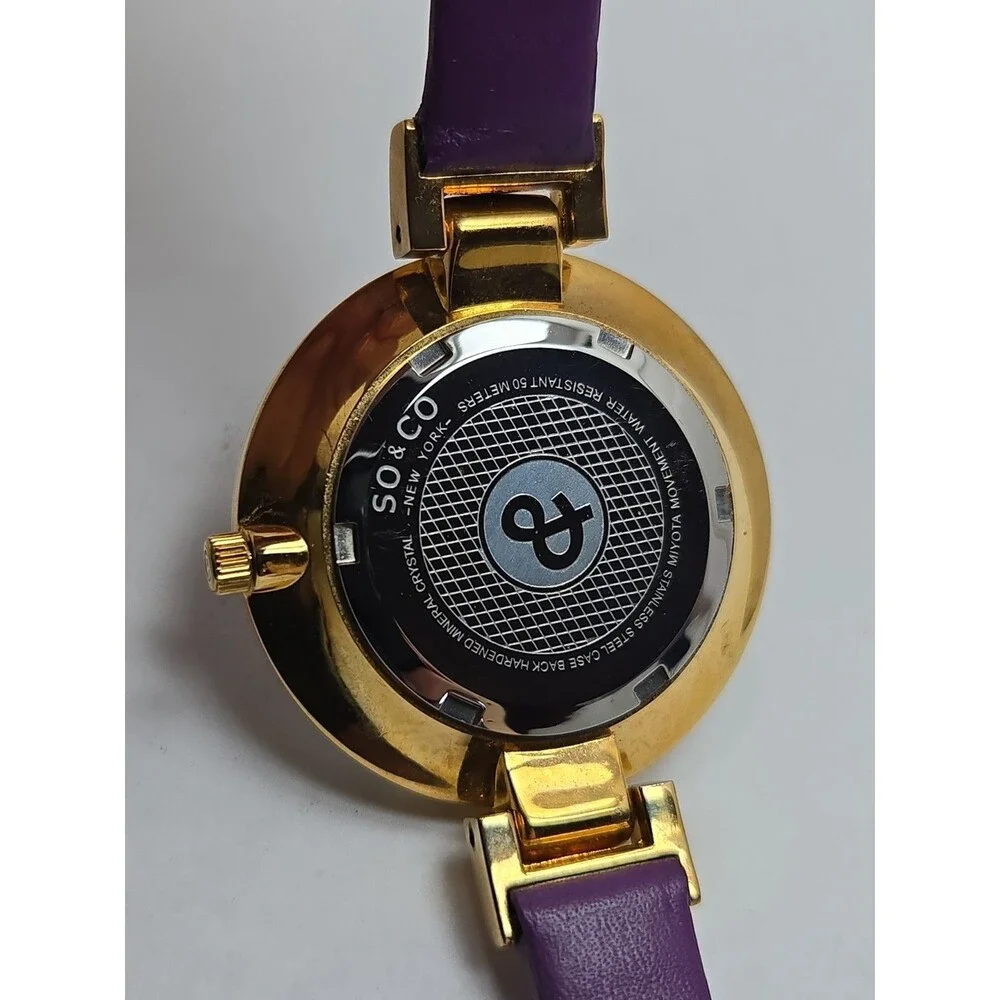 SO & CO New York Womens Studio 34mm Purple Gold Tone Leather Watch New Battery